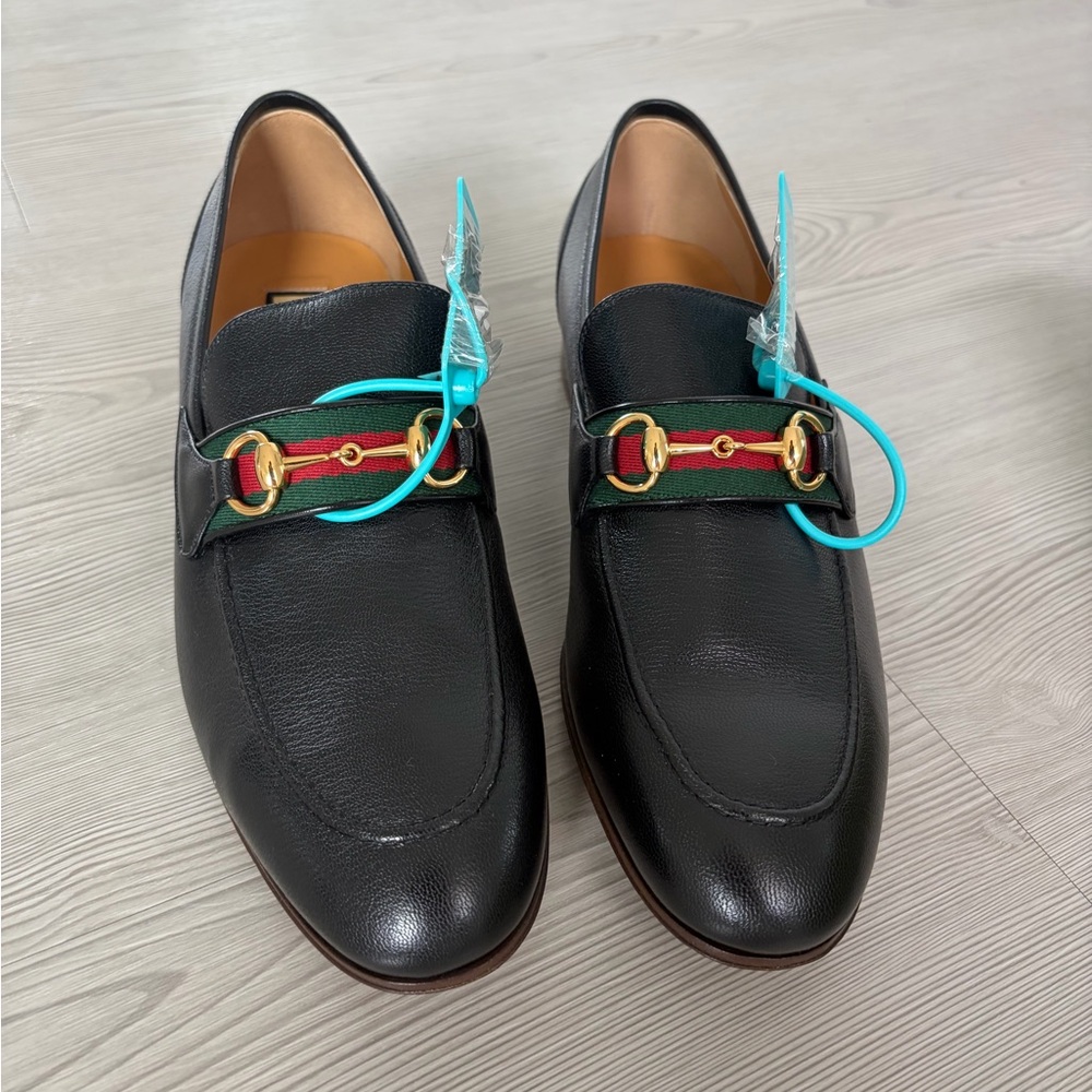 Gucci Black Leather Loafers with Green-Red Web and Gold Horsebit
